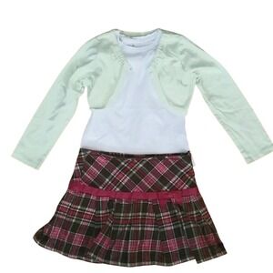 Gymboree Girls Pink‎ & Green Flannel Plaid Skirt with White Shirt & Green Bolero